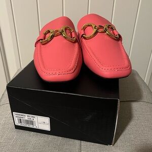 ShuShop Coral Leather Mule with Gold Chain Accent